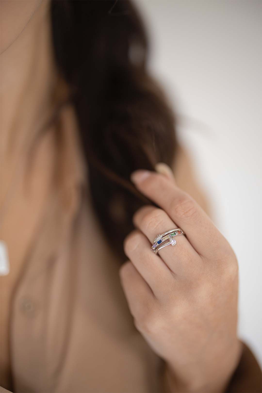 Silver Multi Color Nail Ring